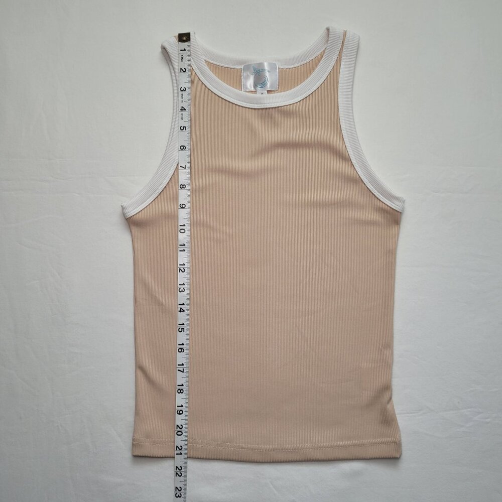 Salty Wave Ribbed Ringer Tank Top Beige Tan High Neck Racerback Small Coastal - Picture 8 of 8